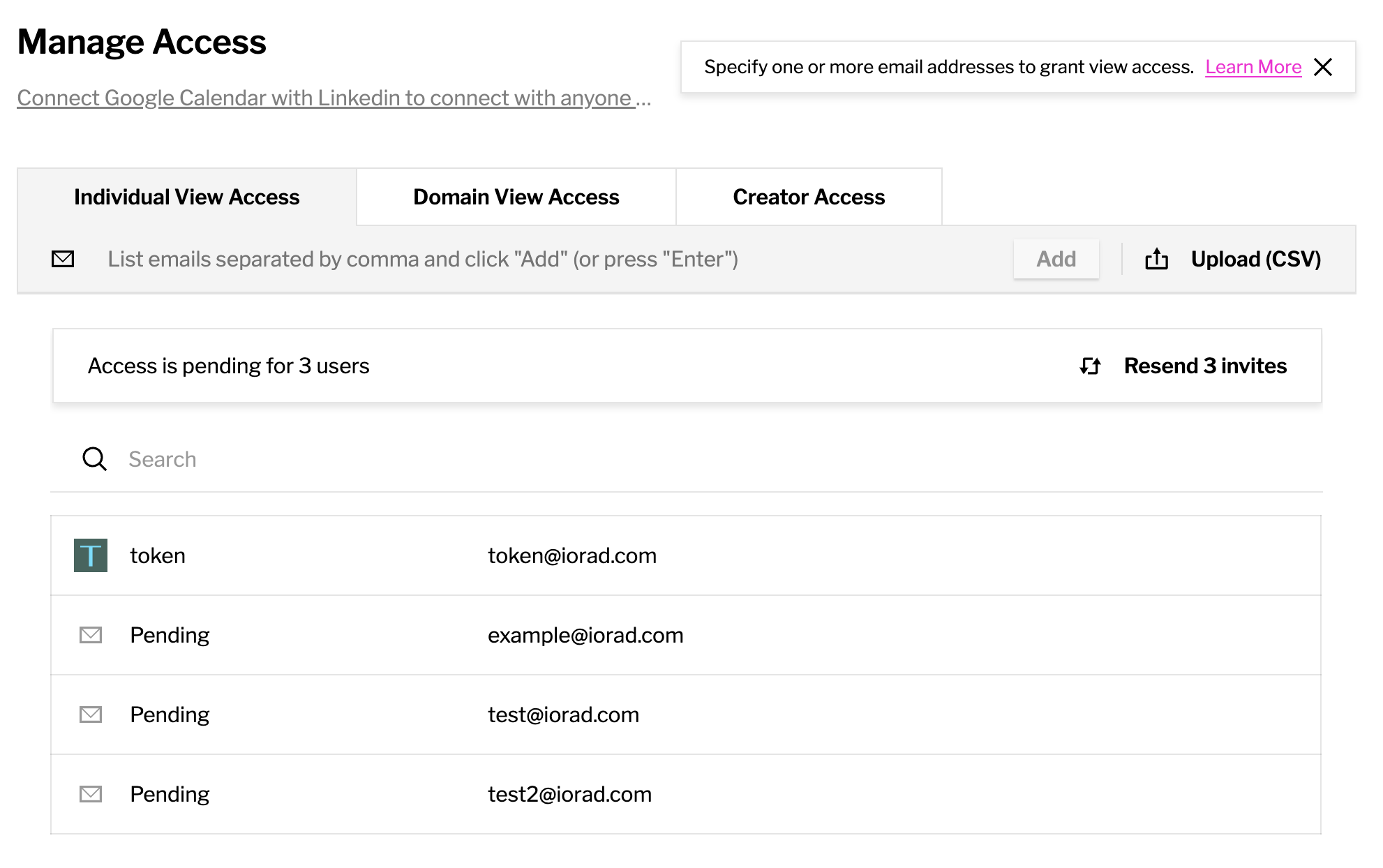 Manage Access panel with individual, domain, and creator access tabs